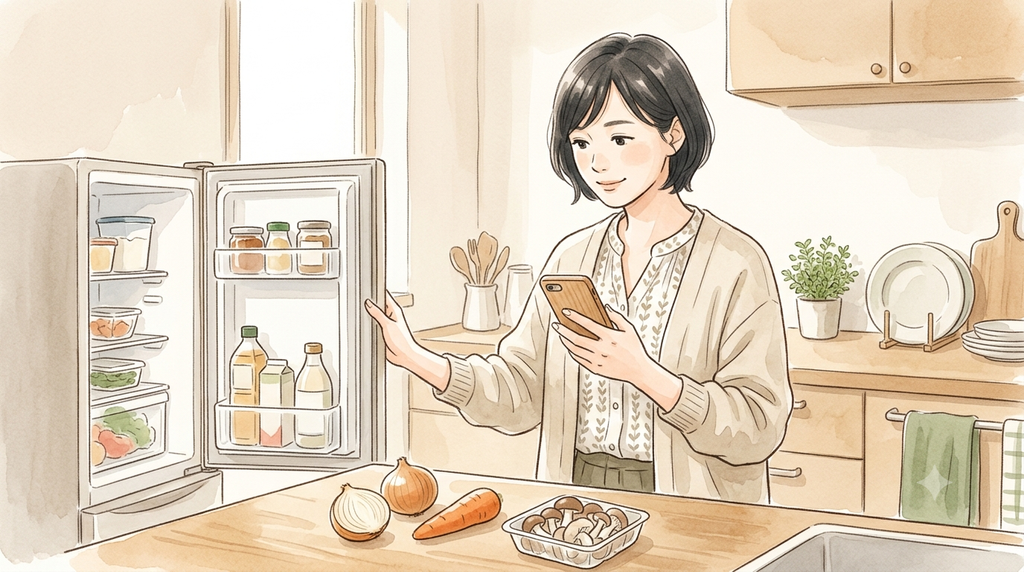 女性が残り物を見て、AIに何が作れるか聞いている