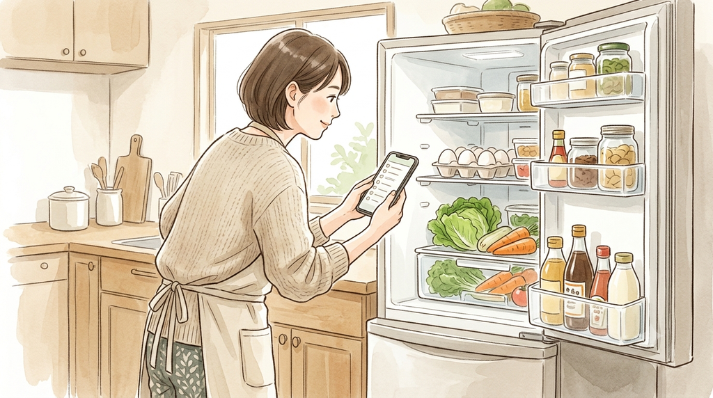 女性が買い物リストを見ながら、冷蔵庫とかぶっていないかチェックしている