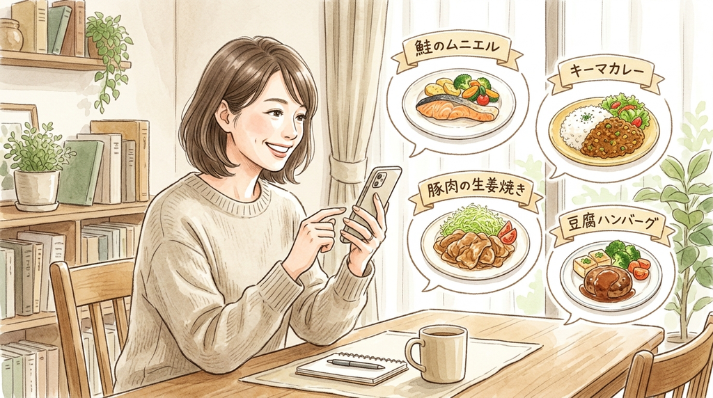 女性が献立のメニューをAIに聞いている