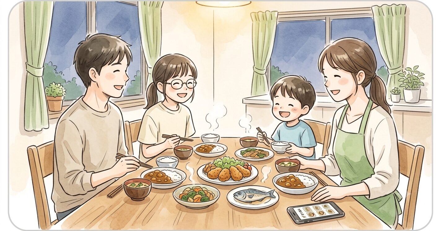 家族4人で食卓を楽しく囲んでいる様子