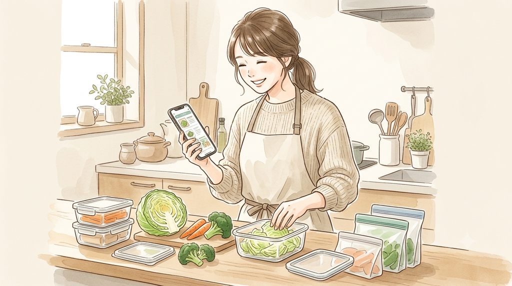 女性がAIに食材の使い道や冷凍方法を聞いている