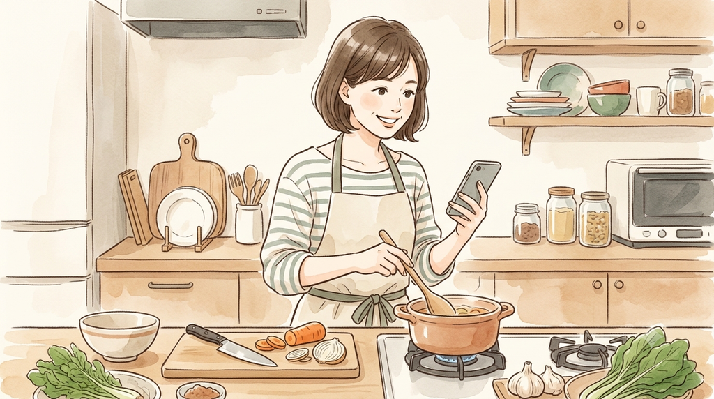 女性がご飯を作りながら、作り方を聞いている