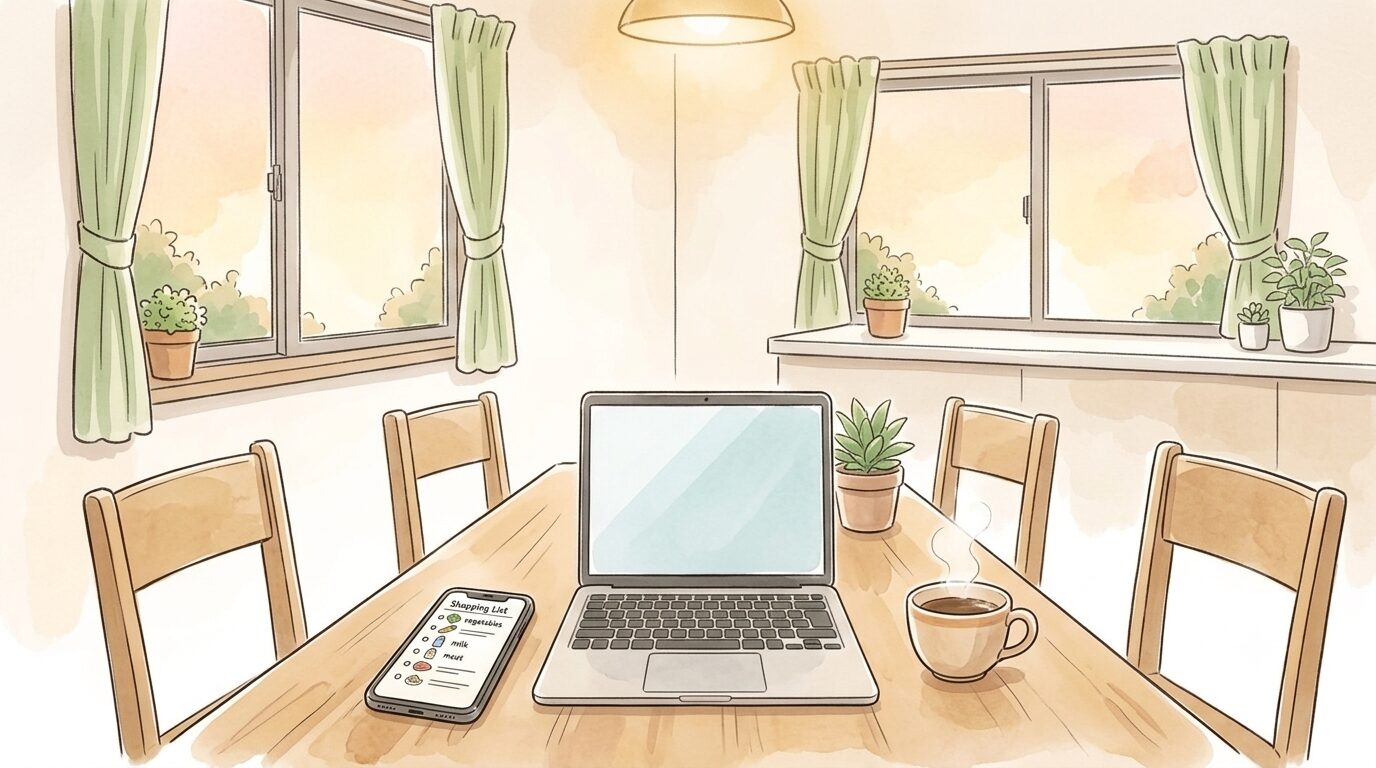 ダイニングテーブルにパソコンとスマホの買い物リストがかいてある
