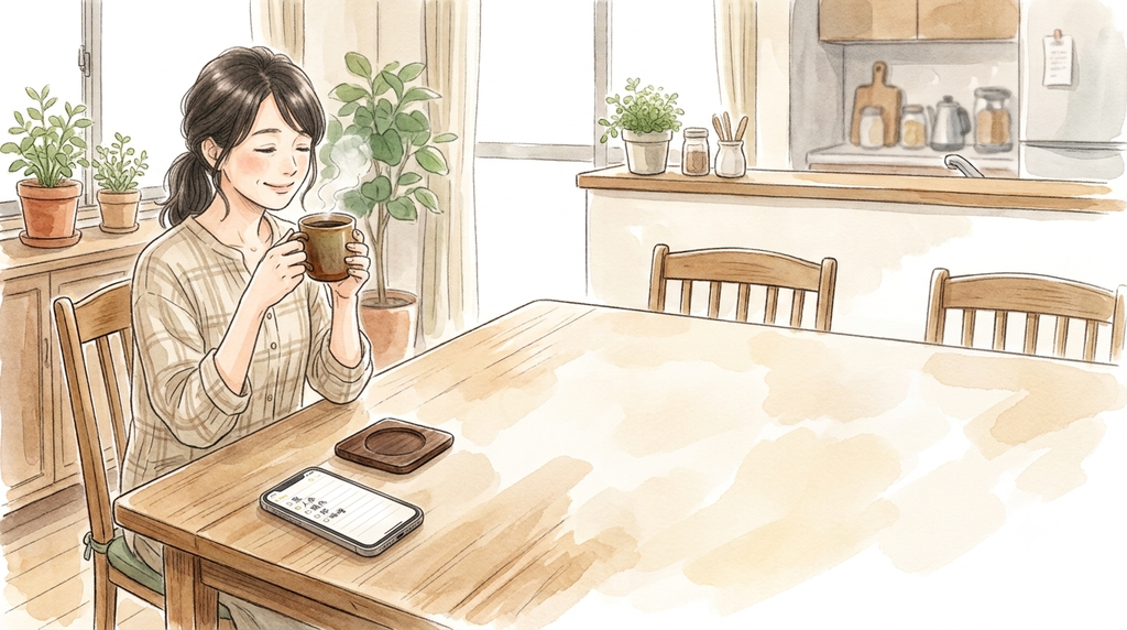 女性が買い物リストを作り終えてホッとしている