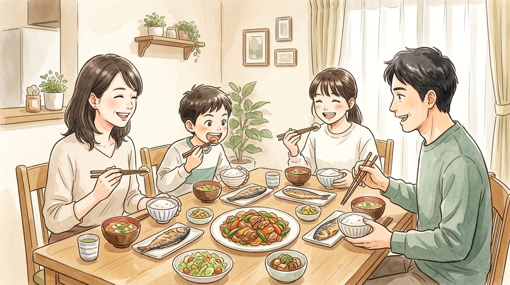 家族がご飯を食べながら、喜んでいる