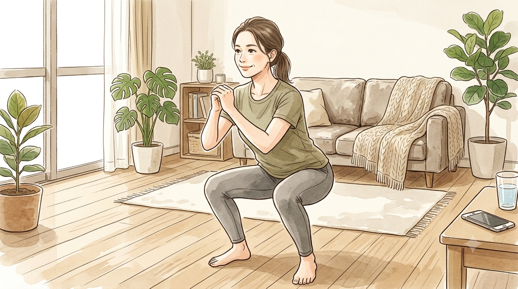 女性がリビングで運動をしている