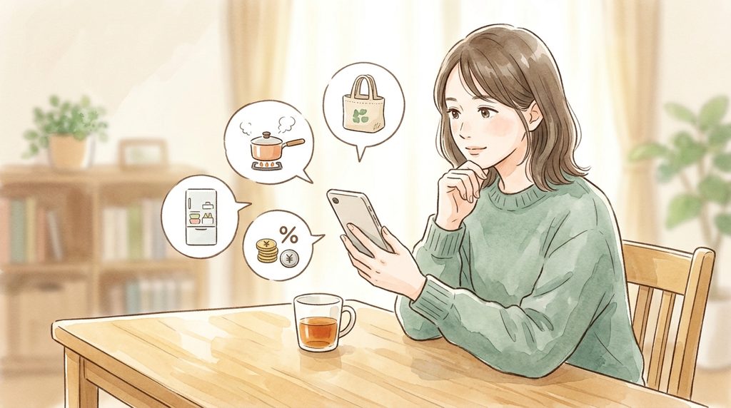 女性がAIに食費節約方法を聞いている