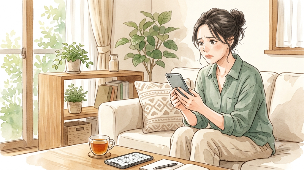 女性がスマホを見て、どの運動にしようか、悩んでいる