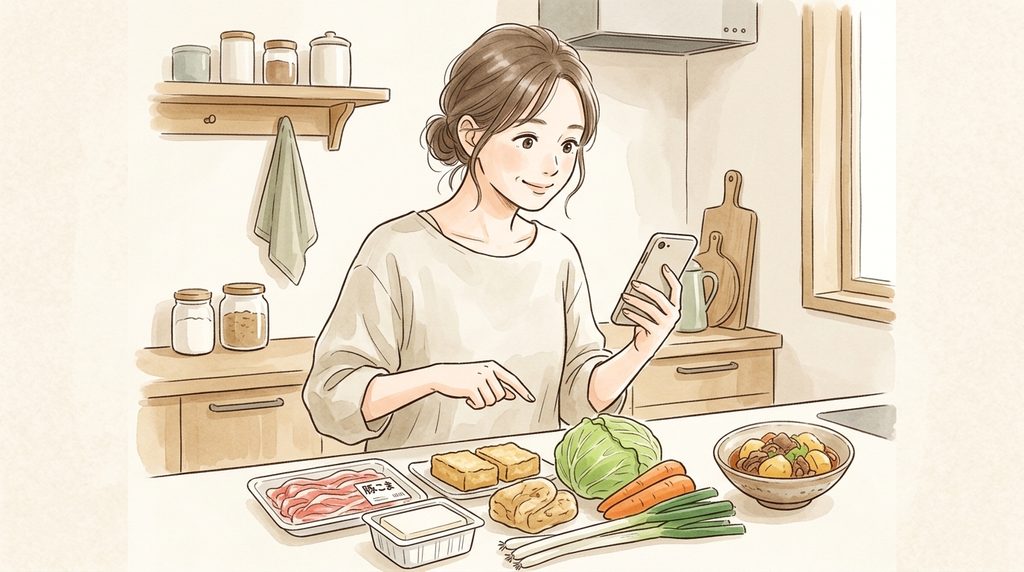 女性がAIを見て、手頃な食材で料理を作っている