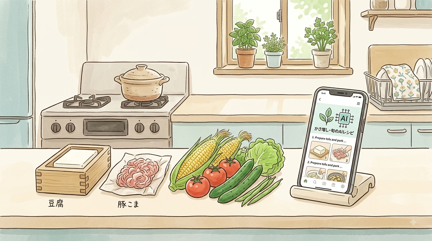 かさ増し食材や旬の野菜が置いてあって、AIがレシピを教えてくれている