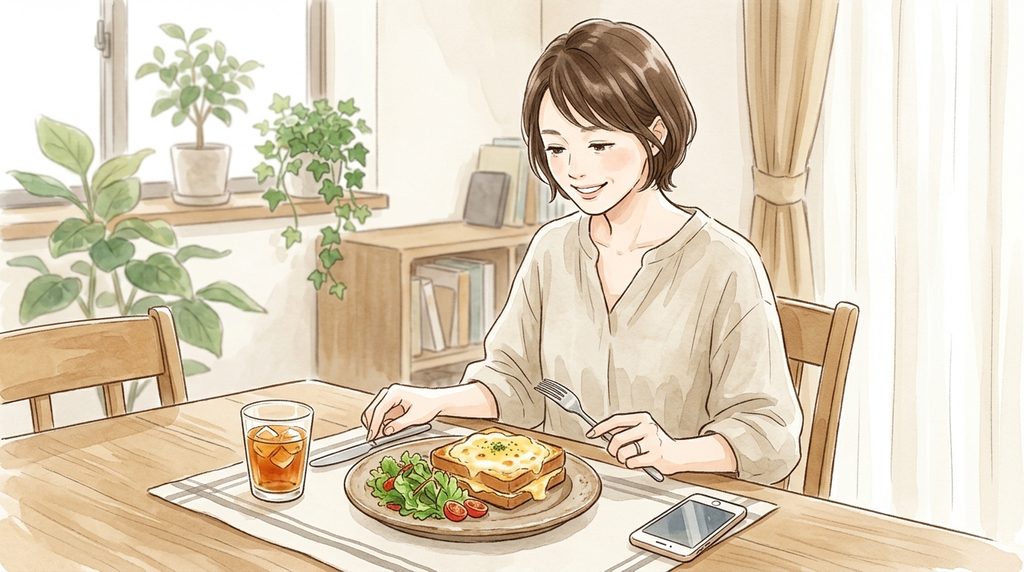 女性が家でカフェ風のメニューのクロックムッシュを作って、楽しんでいる