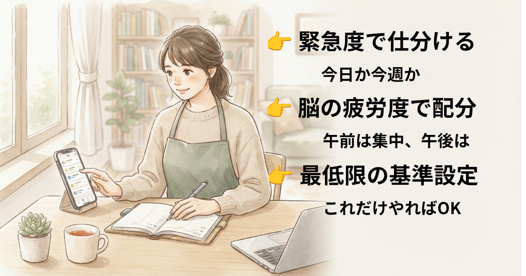 やることを「今日やる」と「今週中でOK」に仕分ける
👉 緊急度で仕分ける
時間帯ごとの「脳の疲労度」に合わせて振り分ける
👉 脳の疲労度で配分
「これさえやればOK」の基準を作る
👉 最低限の基準設定
