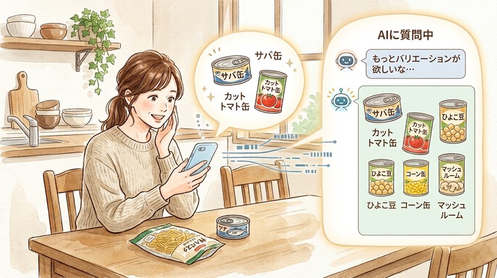40代主婦がAIにローリングストックのおすすめを聞いていて、その中からサバ缶とカットトマト缶を選んだ