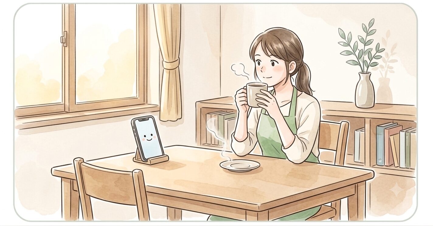 女性が断捨離を終えて、コーヒーを飲んでリラックスしている