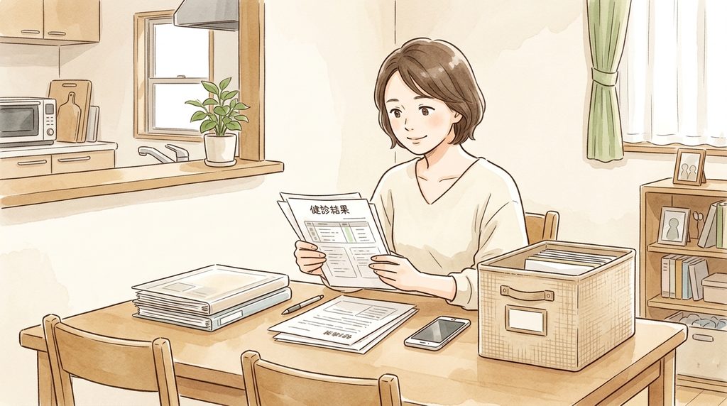 主婦が健康診断などの書類を残すか捨てるか悩んで、作業している