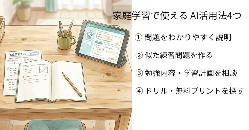 「AI活用法4つ」
① 問題をわかりやすく説明
② 似た練習問題を作る
③ 勉強内容・学習計画を相談
④ ドリル・無料プリントを探す