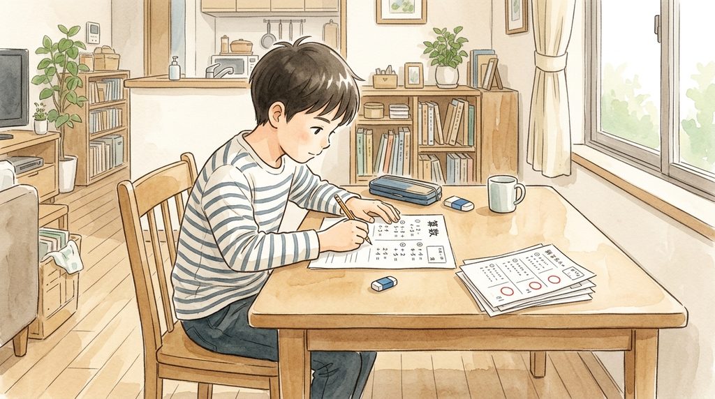 男の子が算数を解いていて、100点を取ったのもある。