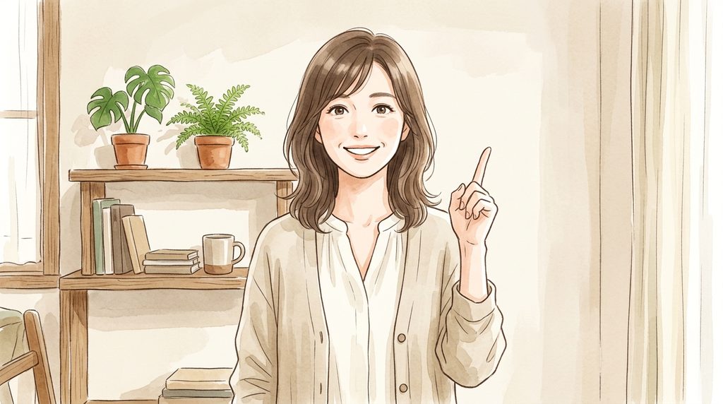 女性がポイントと指を上に指している