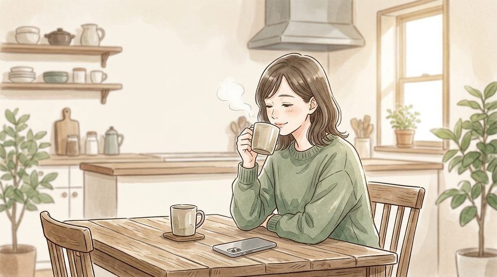 女性が食費の相談を終えて、コーヒーをのんでほってしている