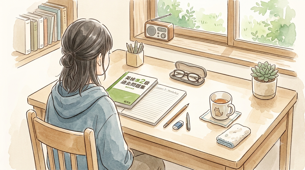 中学生の女の子が英検の勉強を終えて、一息ついている
