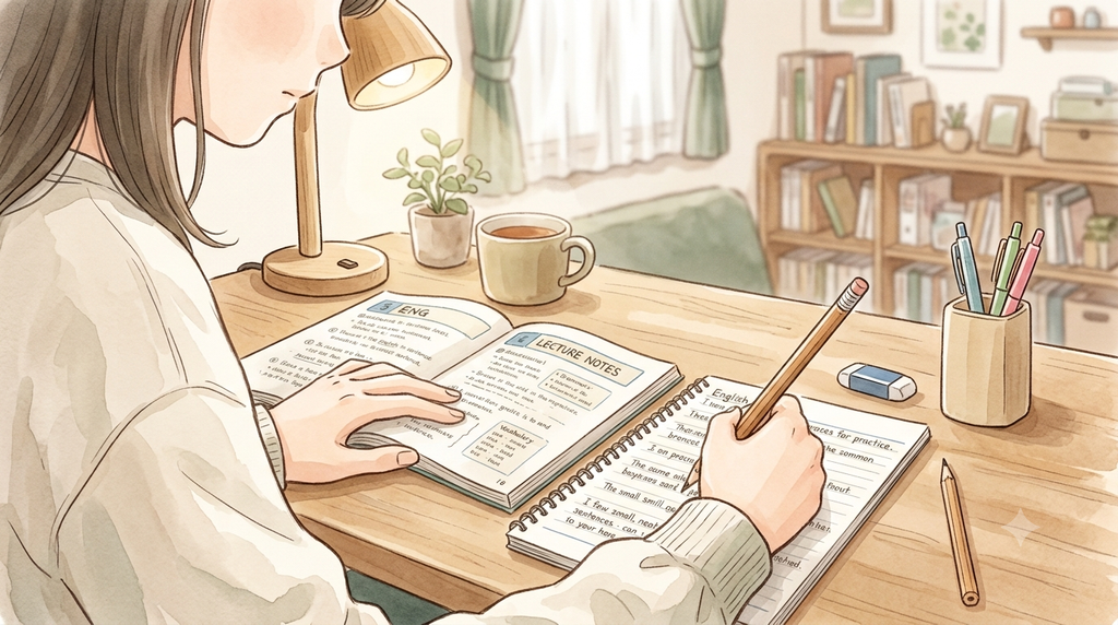 中学生の女の子が英検の勉強をしている