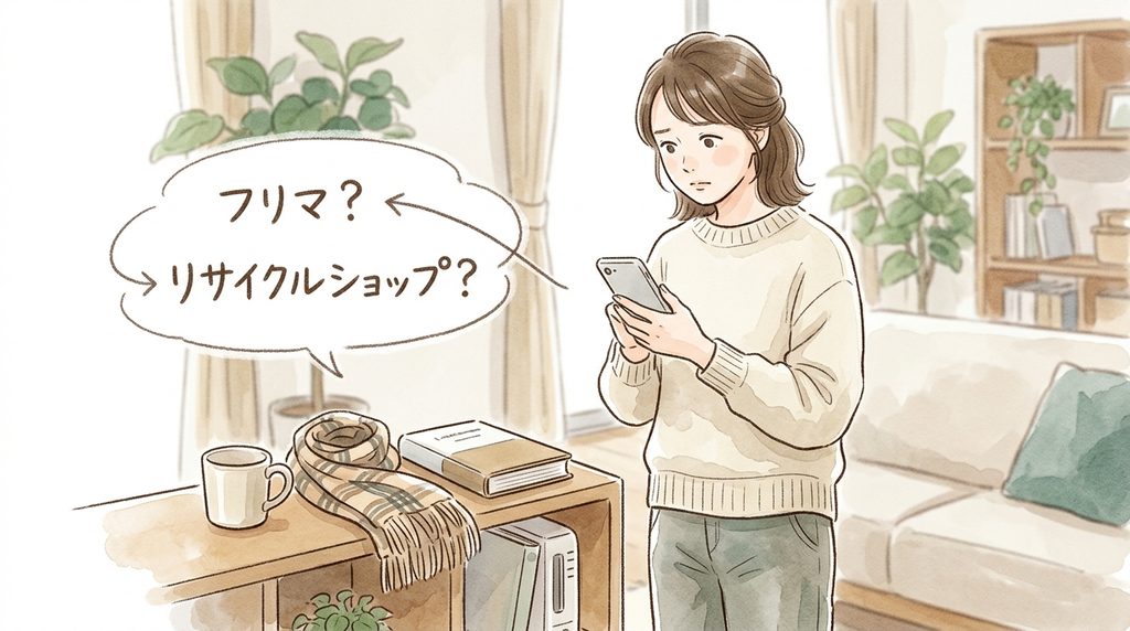 主婦が不要なものをフリマで売るか、リサイクルショップで売るか迷っている