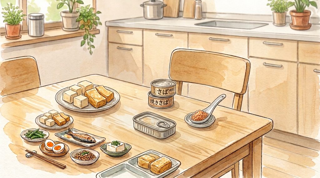 テーブルの上に、豆腐、サバの缶詰、納豆、ヨーグルトなどタンパク質が入ったものが置いてある