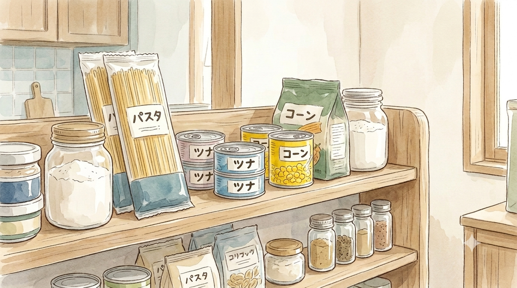 パスタ、ツナ缶、コーン缶など保存食が棚にしまわれている。