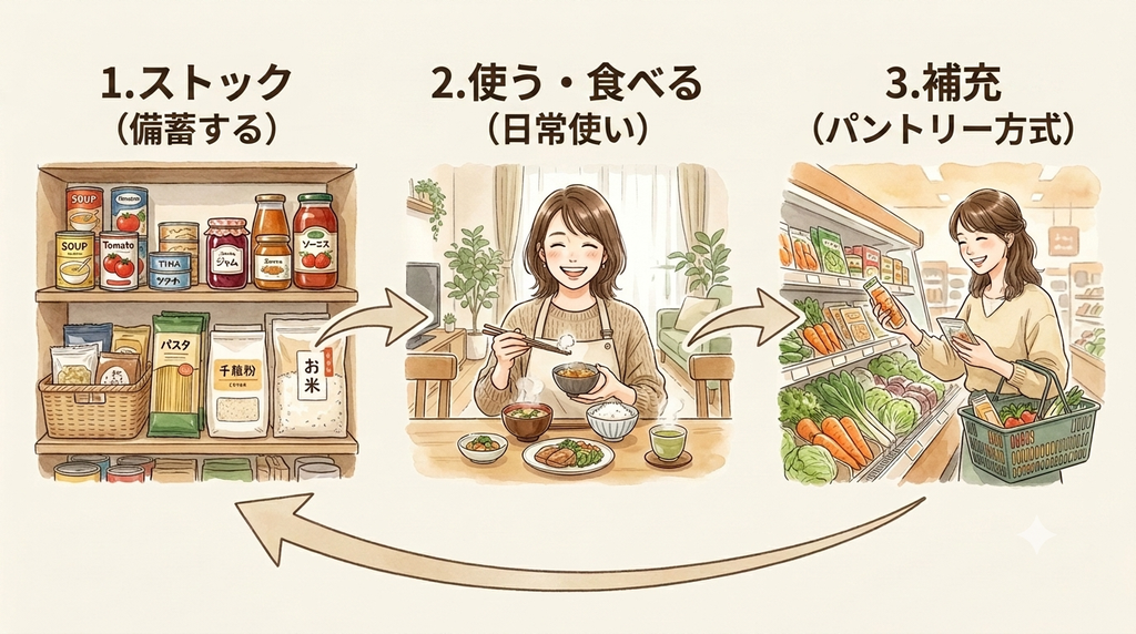 1,ストック→2,使う、食べる→3,補充→１に戻るとローリングストックの方法が説明されている
