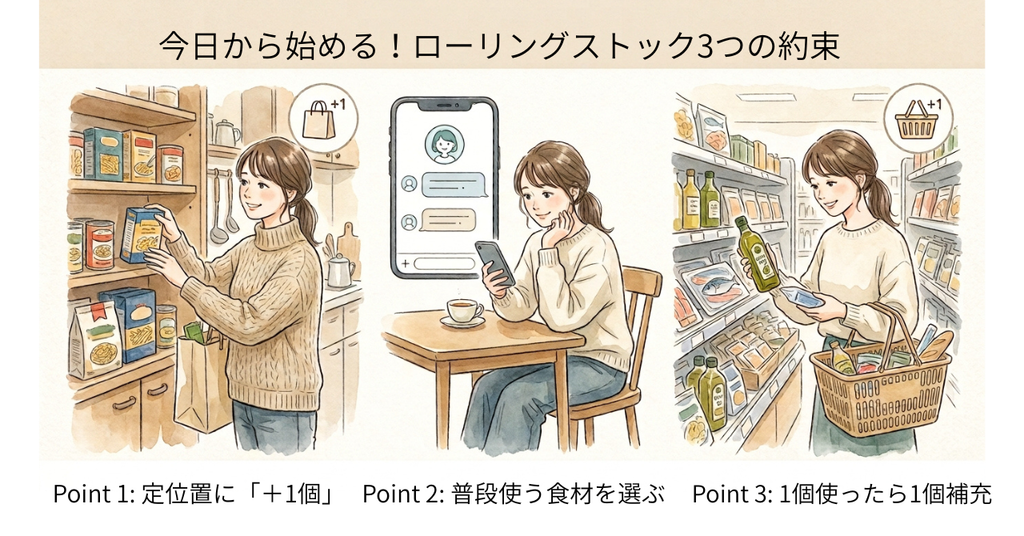 今日から始める！ローリングストック３つの約束
Point 1: 定位置に「＋1個」
Point 2: 普段使う食材を選ぶ
Point 3: 1個使ったら1個補充