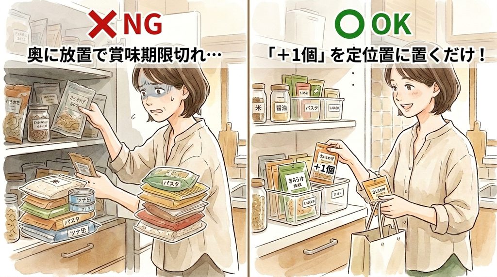 NG→奥に放置で賞味期限切れ…、OK→「＋１個」を定位置に置くだけ！