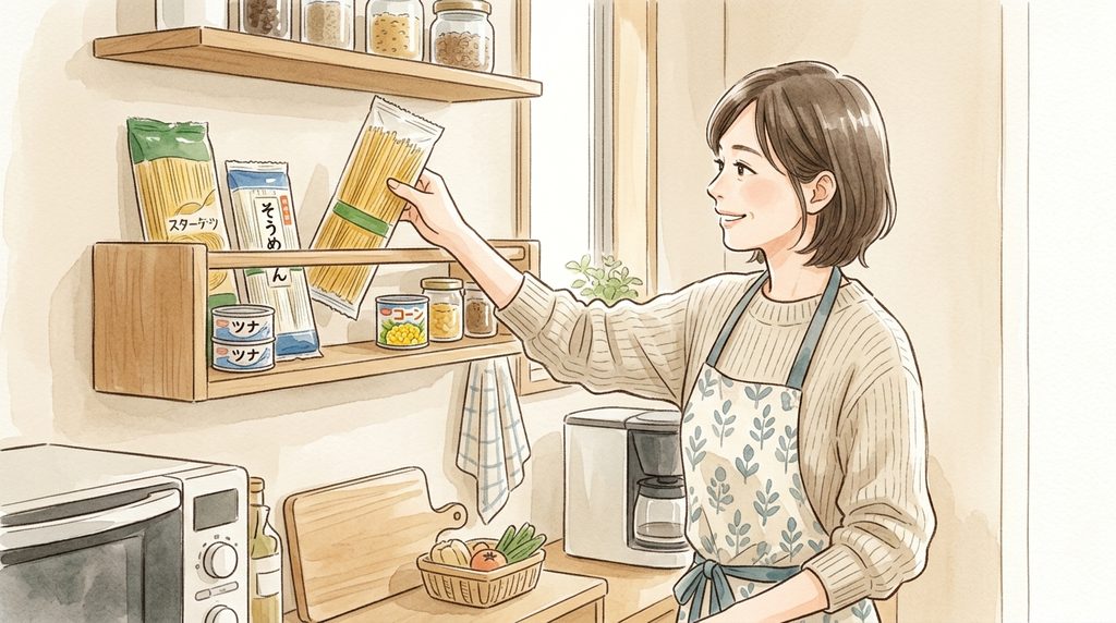 女性がそうめんやツナ缶がおいている棚にパスタを置いている
