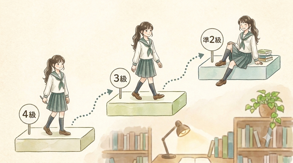 4級から3級、3級から準2級にステップアップしている