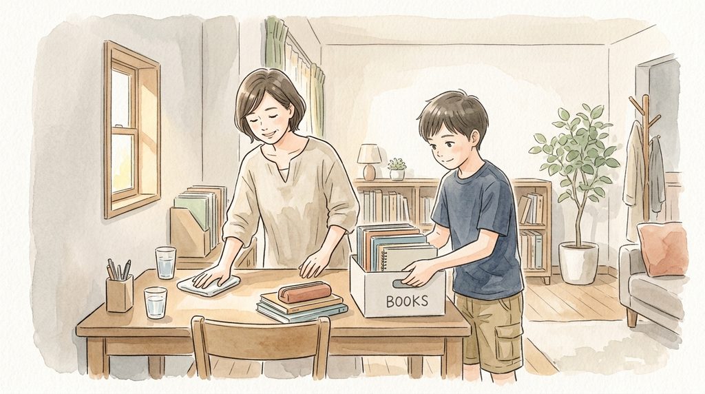 女性と男の子が勉強を終えて、片付けをしている