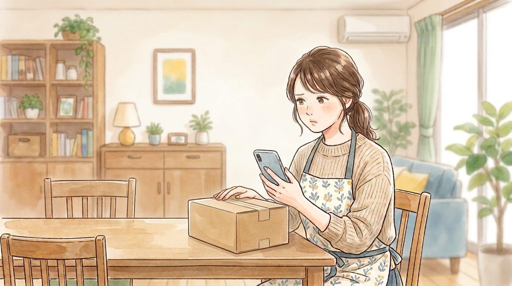 主婦が不要なものを捨てるか売るかどうしようか迷っている