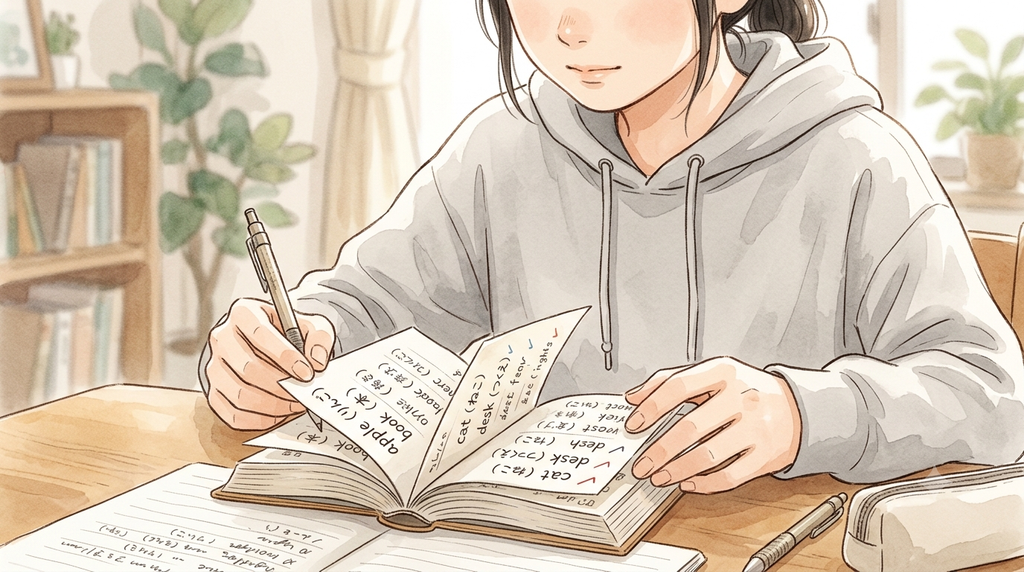中学生の女の子が単語帳の勉強をしている