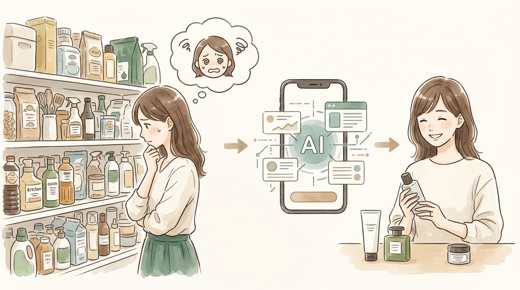 女性がたくさん商品があって探しきれないので、AIに商品を探してもらっている