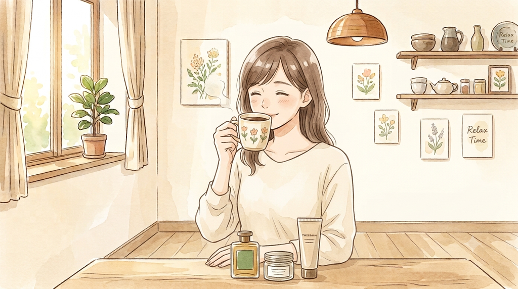 女性がAIで商品を選び終えて、コーヒーを飲んでホッとしている