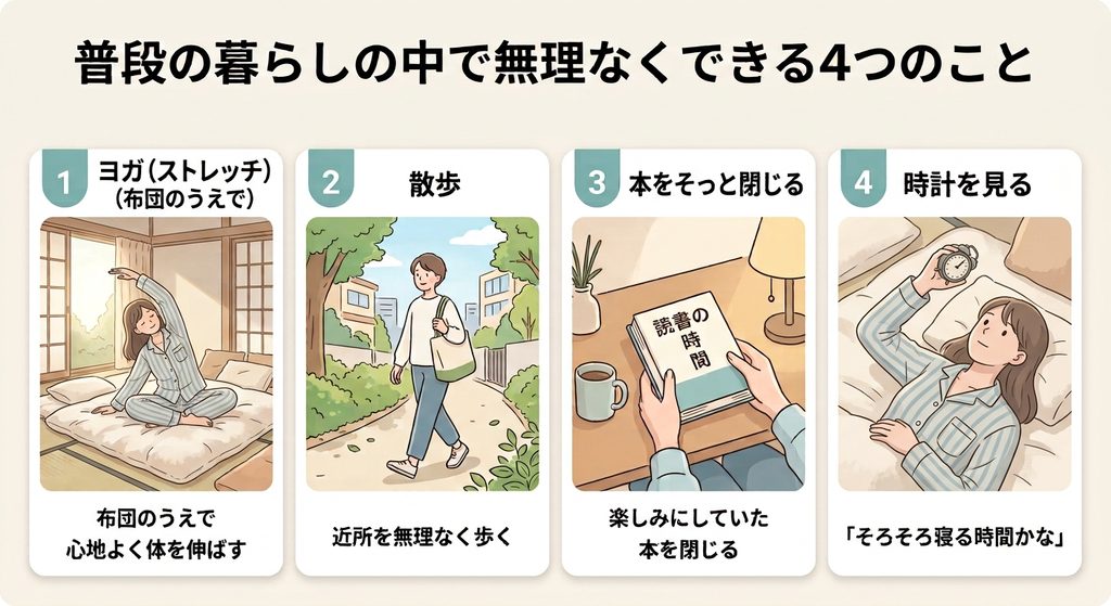 1,ヨガ(ストレッチ)布団の上で心地よく体を伸ばす 2,散歩 近所を無理なく歩く 3,本をそっと閉じる 楽しみにしていた本を閉じる 4,時計を見る 「そろそろ寝る時間かな」