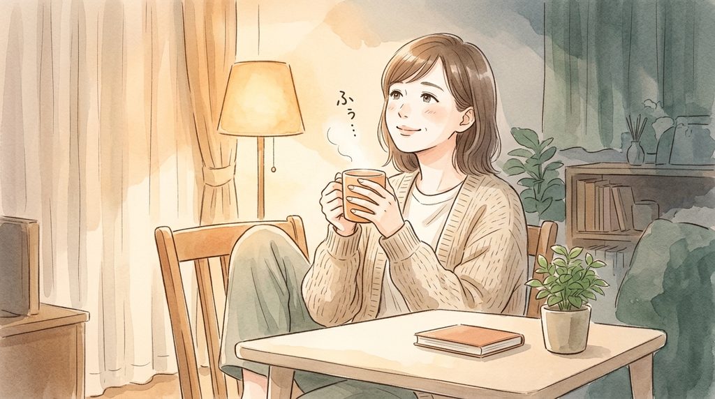 女性が暗い部屋で間接照明をつけて、飲み物でふぅとしている
